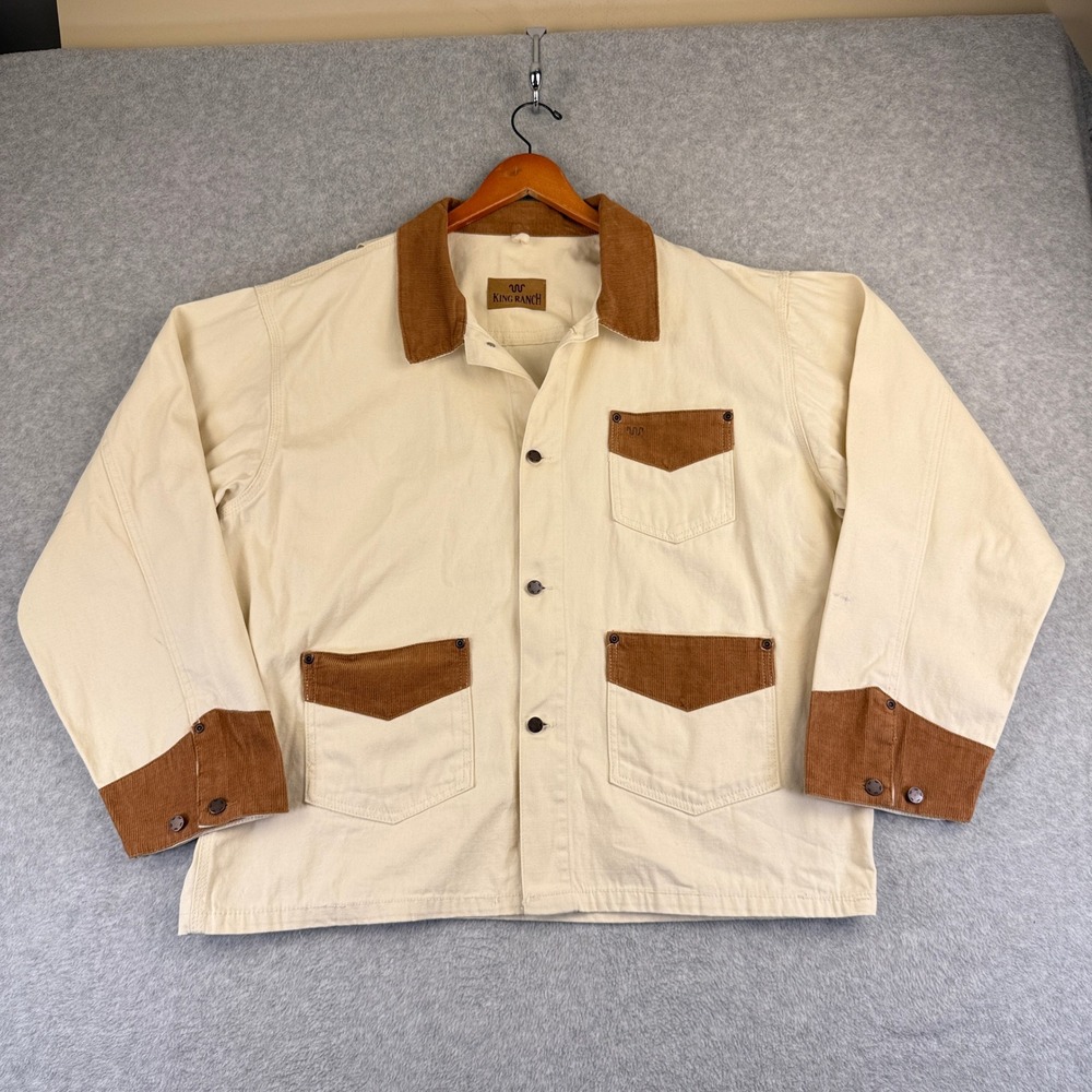 King Ranch KR-7 Canvas Work Jacket Mens XL Cream Cotton Corduroy Trim Chore Coat
